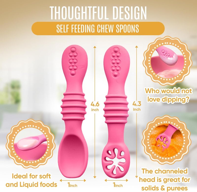 HippoBaby 4pc Silicone Baby Spoons Self Feeding Baby Utensils 6-12 Months - 3 Baby Spoon - 1 Baby Fork - Toddler Cutlery Set - BPA Free, Dishwasher Safe - Baby Eating Essentials (Pink/Blue) - Image 3